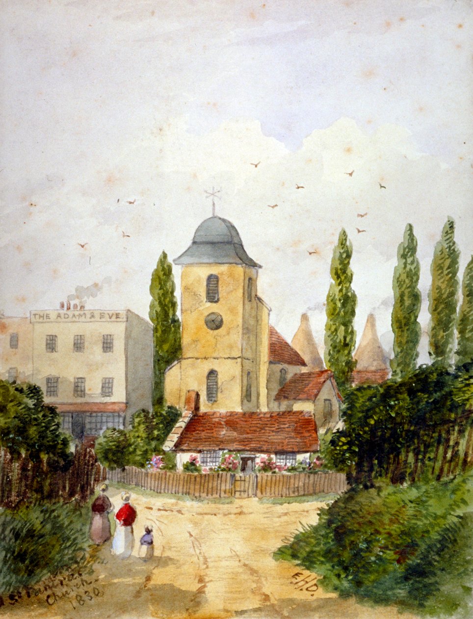 St Pancras Old Church i Adam and Eve Tavern, Londres, 1830. finlandès tekijältä EH Dixon