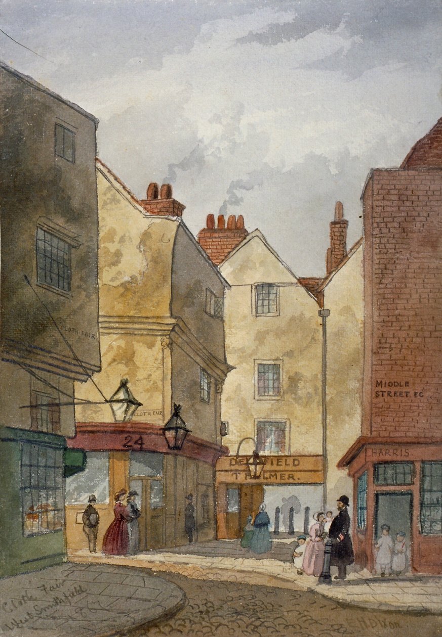 Näkymä Cloth Fairille ja Middle Streetille, West Smithfield, Lontoo, 1867 tekijältä EH Dixon