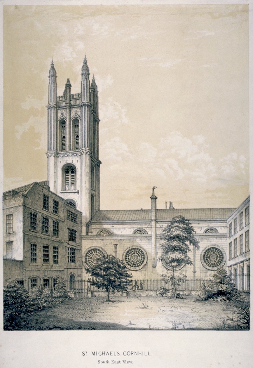 Kaakkoisnäkymä St Michaelin kirkolle, Cornhill, Lontoon kaupunki, 1840 tekijältä EJ Dickinson
