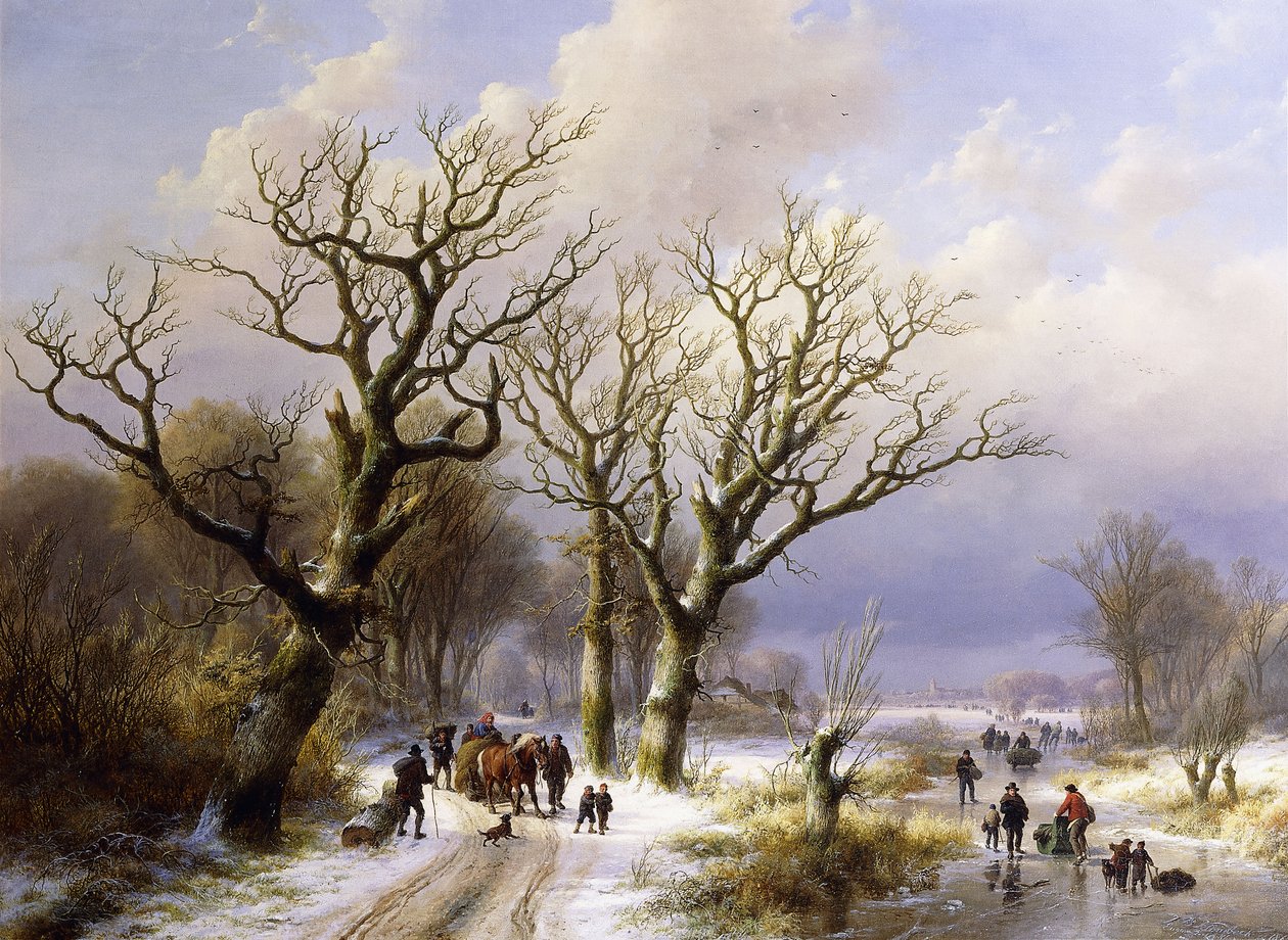 Metsäinen talvimaisema hahmoineen, 1863 tekijältä E.J. Verboeckhoven