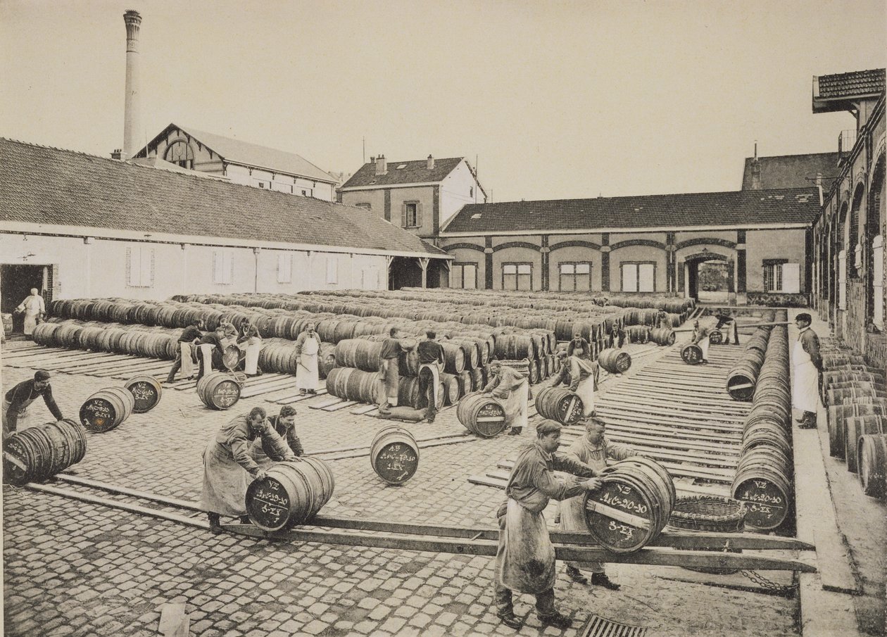 Viinin laittaminen tynnyriin, "La France Vinicole", julkaisija Moet und Chandon, Epernay (photolith) tekijältä E.M. Choque