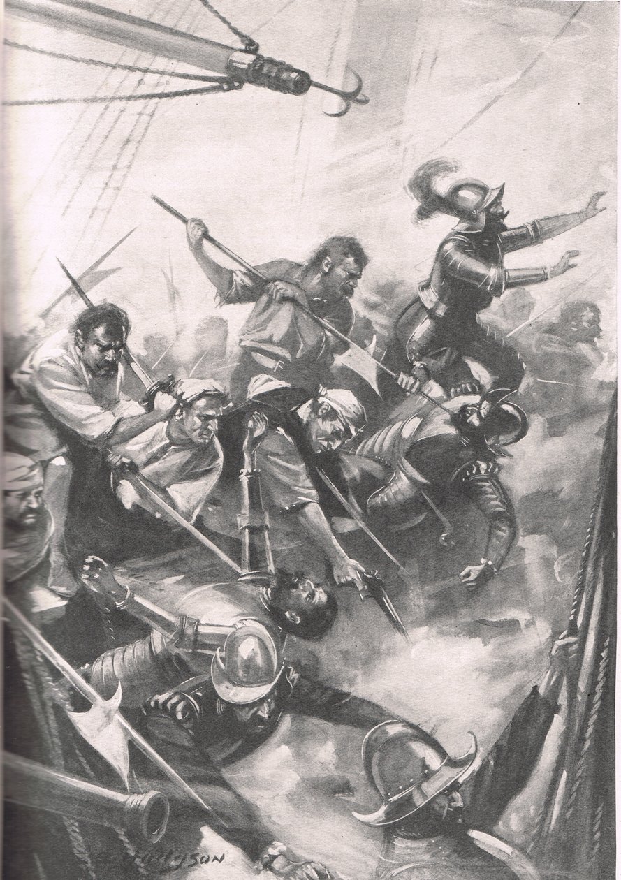 The English Repelling the Spaniards at San Juan de Ulua, kuvitus "British Battles on Land and Sea" -julkaisusta, julkaisija Cassell, Lontoo, noin 1915 tekijältä E.S. Hodgson
