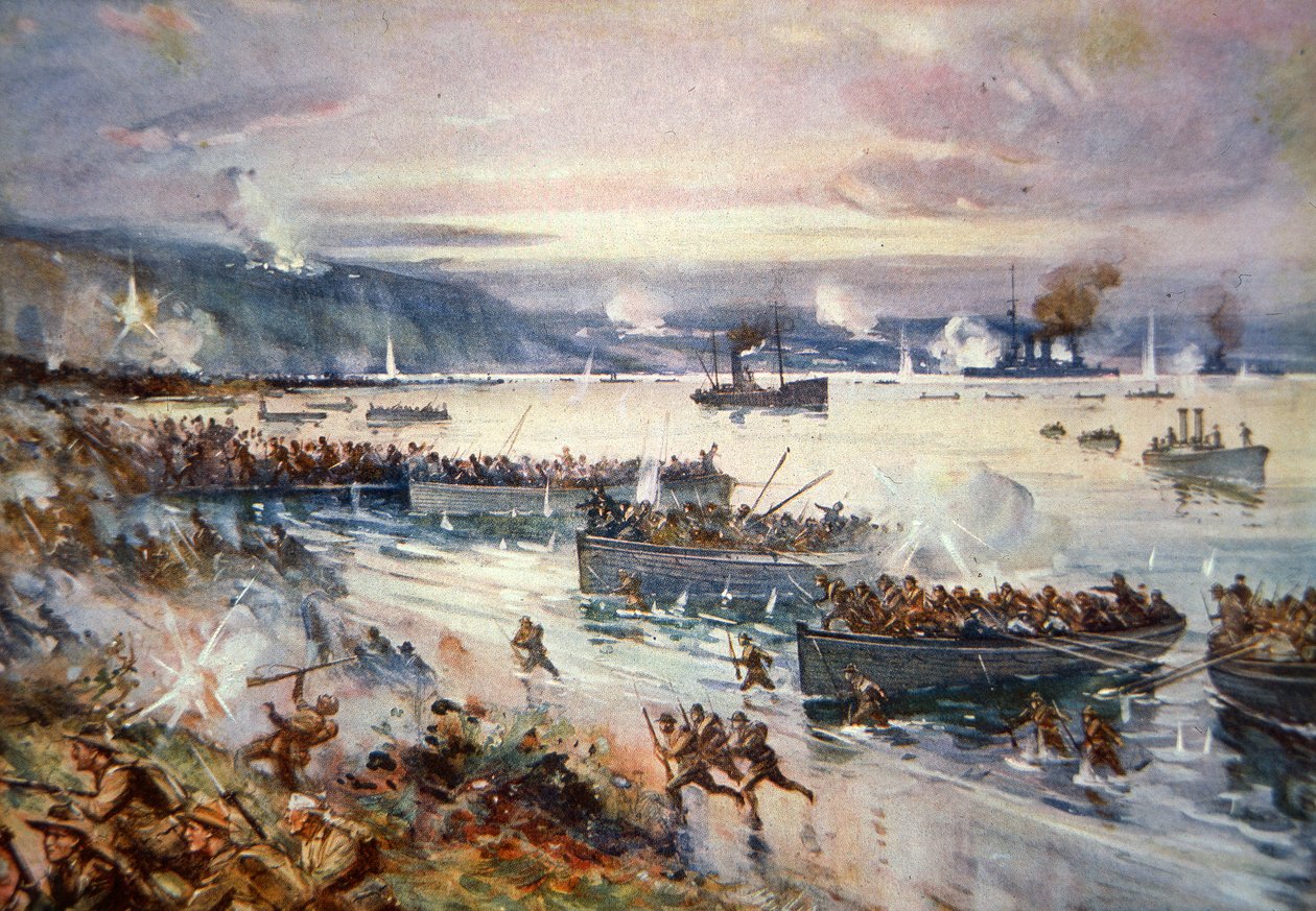 Australialaisten maihinnousu Gallipolissa, huhtikuu 1915 (värilitho) tekijältä E.S. Hodgson