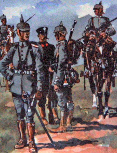 Saksalaiset kenttäpuvut 1914 (väri litho) tekijältä E. (after) Dobrich