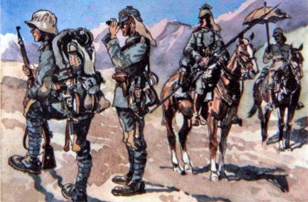 Saksalaiset univormut vuodelta 1917, Makedonian rintama (väri litho) tekijältä E. (after) Dobrich