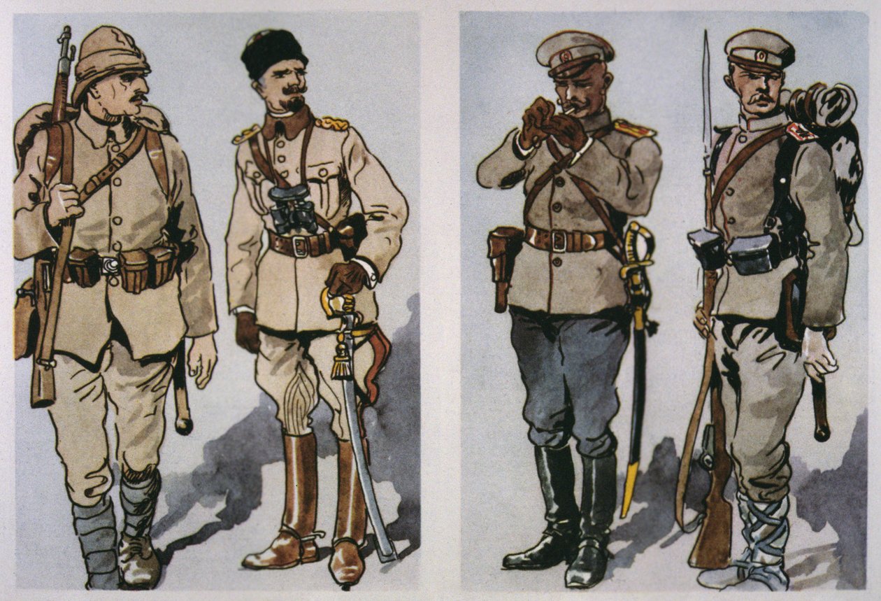 Turkkilainen jalkaväen upseeri ja upseeri (vasemmalla) ja bulgarialainen jalkaväen upseeri ja jalkasotilas vuodelta 1917 (oikealla) vuodelta 1917 (väri litho) tekijältä E. (after) Dobrich