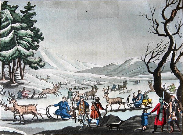 Tungus lähtee talvileirillään poron vetämillä reillä, n. 1820 (värikaiverrus) tekijältä E. (after) Karnejeff
