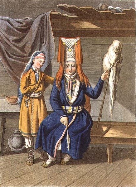 Votyak Women Spinning, kaiverrus Jegor Skotnikoff (1782-1843) (litho) tekijältä E. (after) Karnejeff