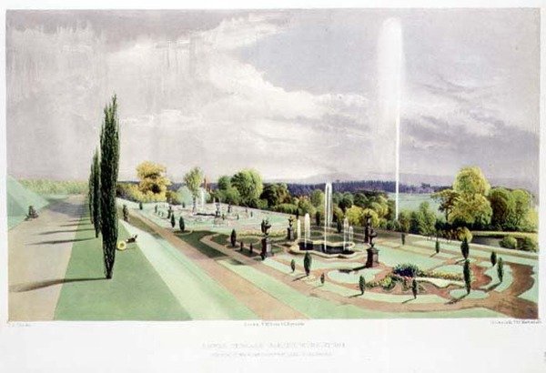 Lower Terrace Garden, Worsley Hall, pubi. kirjoittanut Thomas McLean (litho) tekijältä E. Adveno Brooke