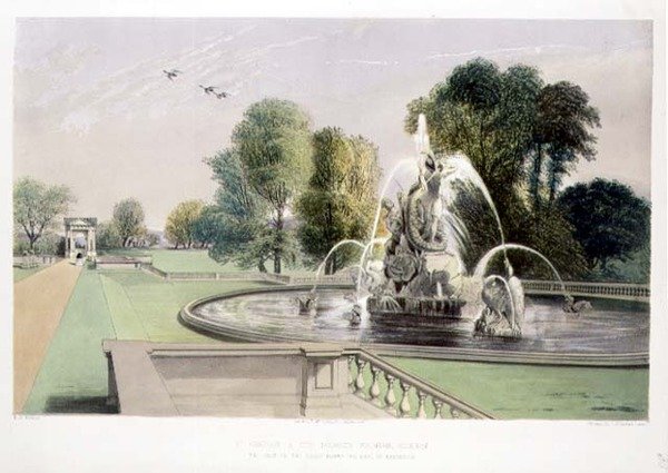 St. George and the Dragon Fountain, Holkham, pubi. kirjoittanut Thomas McLean (litho) tekijältä E. Adveno Brooke