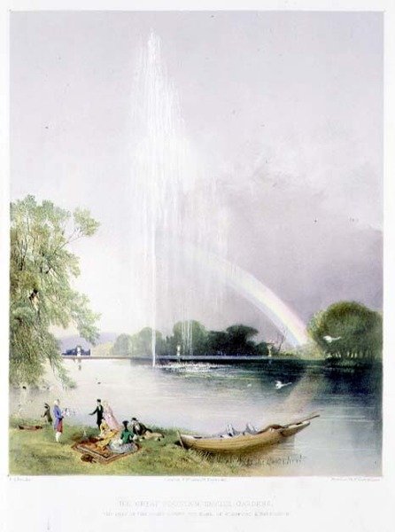 Suuri suihkulähde, Enville Gardens, pubi. kirjoittanut Thomas McLean (litho) tekijältä E. Adveno Brooke
