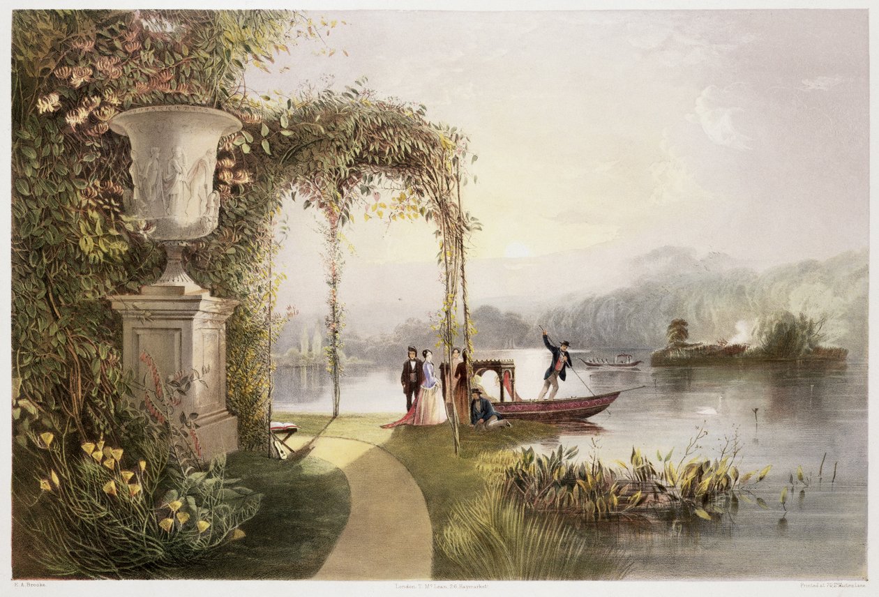 The Lake, Trentham Hall Gardens, The Gardens of Englandista, julkaistu 1857 (chromolitho) tekijältä E. Adveno Brooke