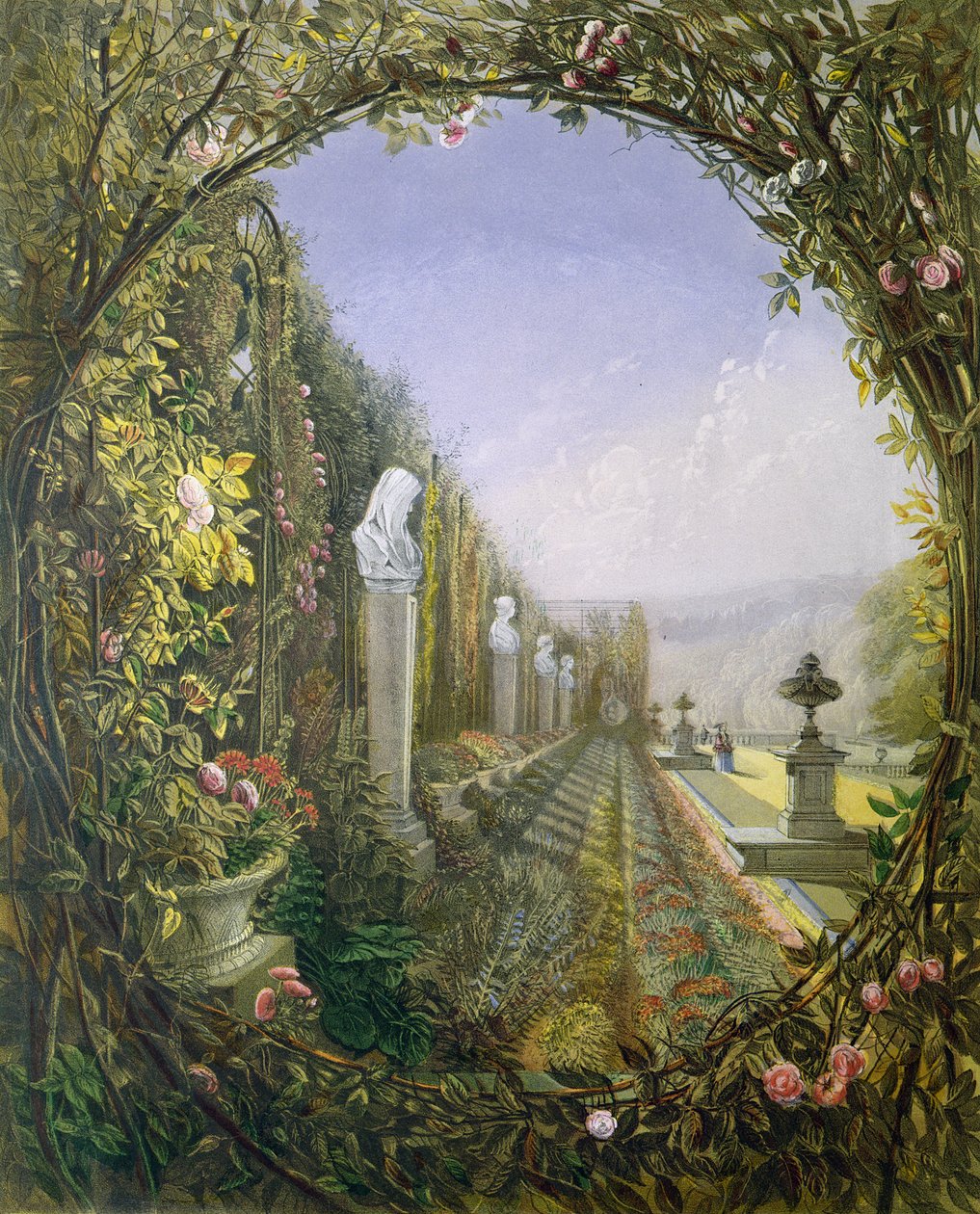 The Trellis Window, Trentham Hall Gardens, "Gardens of England", julkaistu 1857 tekijältä E. Adveno Brooke
