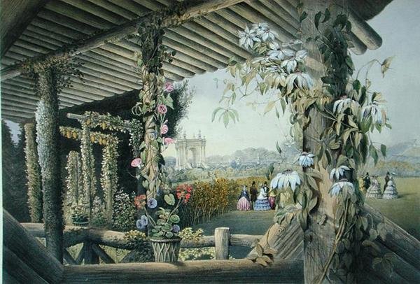 Näkymä Rustic Seatista, Shrublands, teoksesta "Gardens of England", julkaistu 1857 (väri litho) tekijältä E. Adveno Brooke