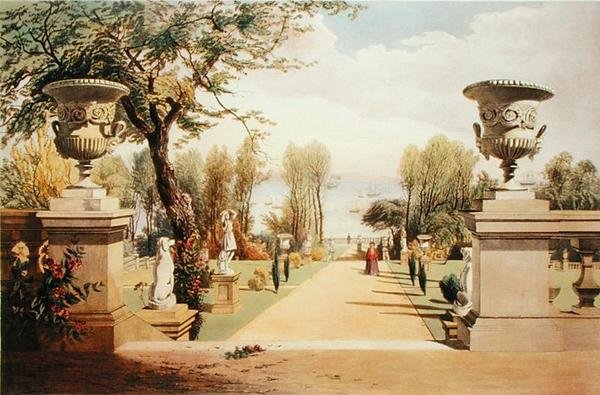 View in the Gardens, Westfield House, Isle of Wight, teoksesta "Gardens of England", julkaistu 1857 (chromolitho) tekijältä E. Adveno Brooke