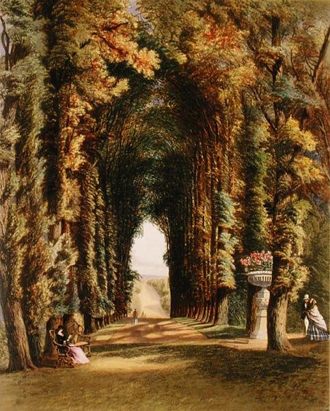 "Vista" Teddesleyn puutarhassa, julkaisusta "The Gardens of England", julkaistu 1857 (värilitro). tekijältä E. Adveno Brooke