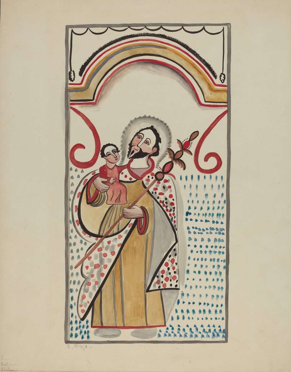 Yksityiskohta suuresta alttarista Chimayon Sanctuario-kirkon itämuurilla. St. Christopher, 19351942. tekijältä E. Boyd