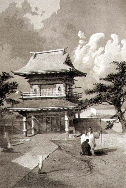 Sisäänkäynti temppeliin Hakotadissa, pubissa. kirjoittanut Sarony & Co., n. 1856 (litho) tekijältä E. Brown