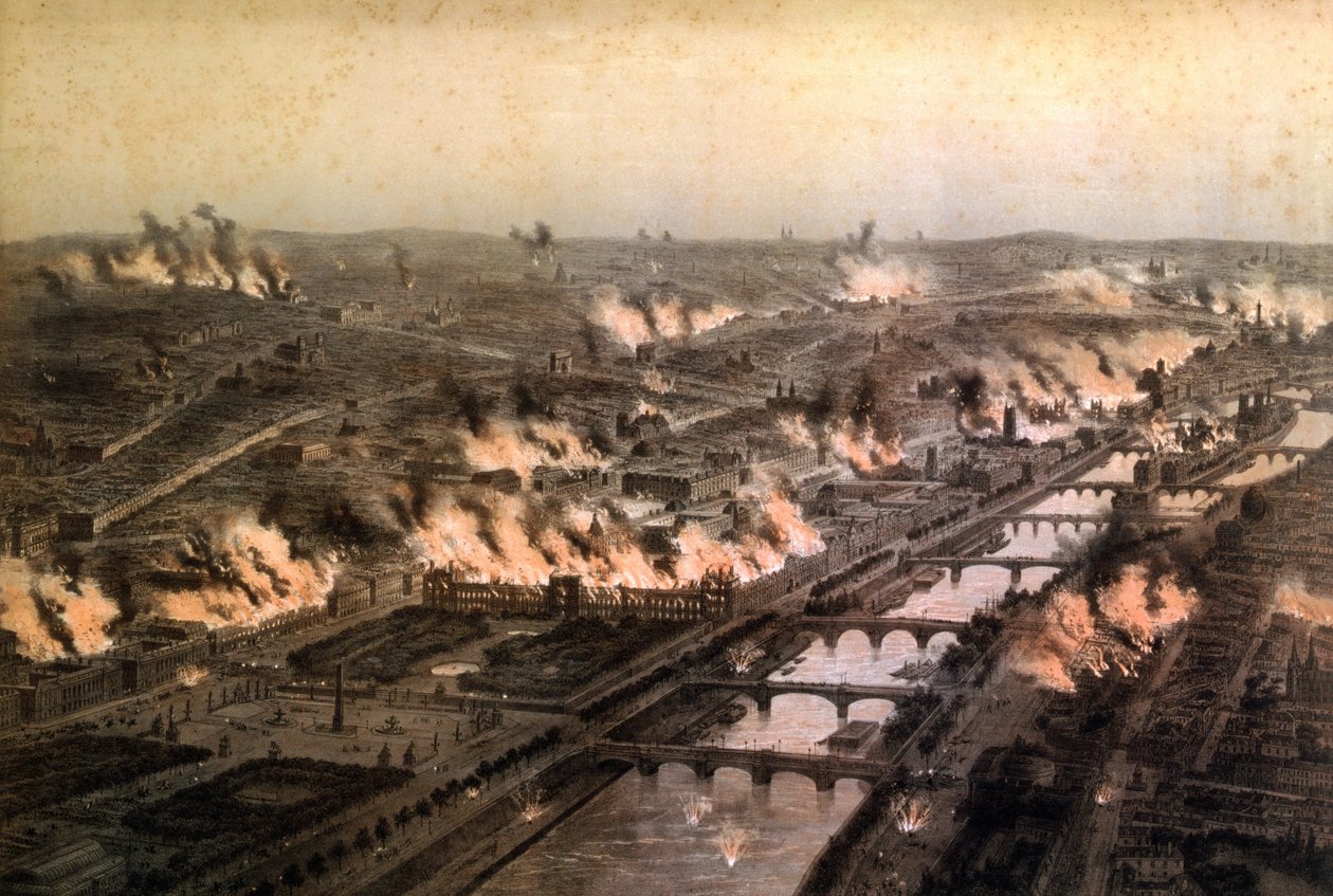 Panoraama tulipaloista Pariisissa kommuunin aikana, toukokuu 1871 tekijältä E. Daroy