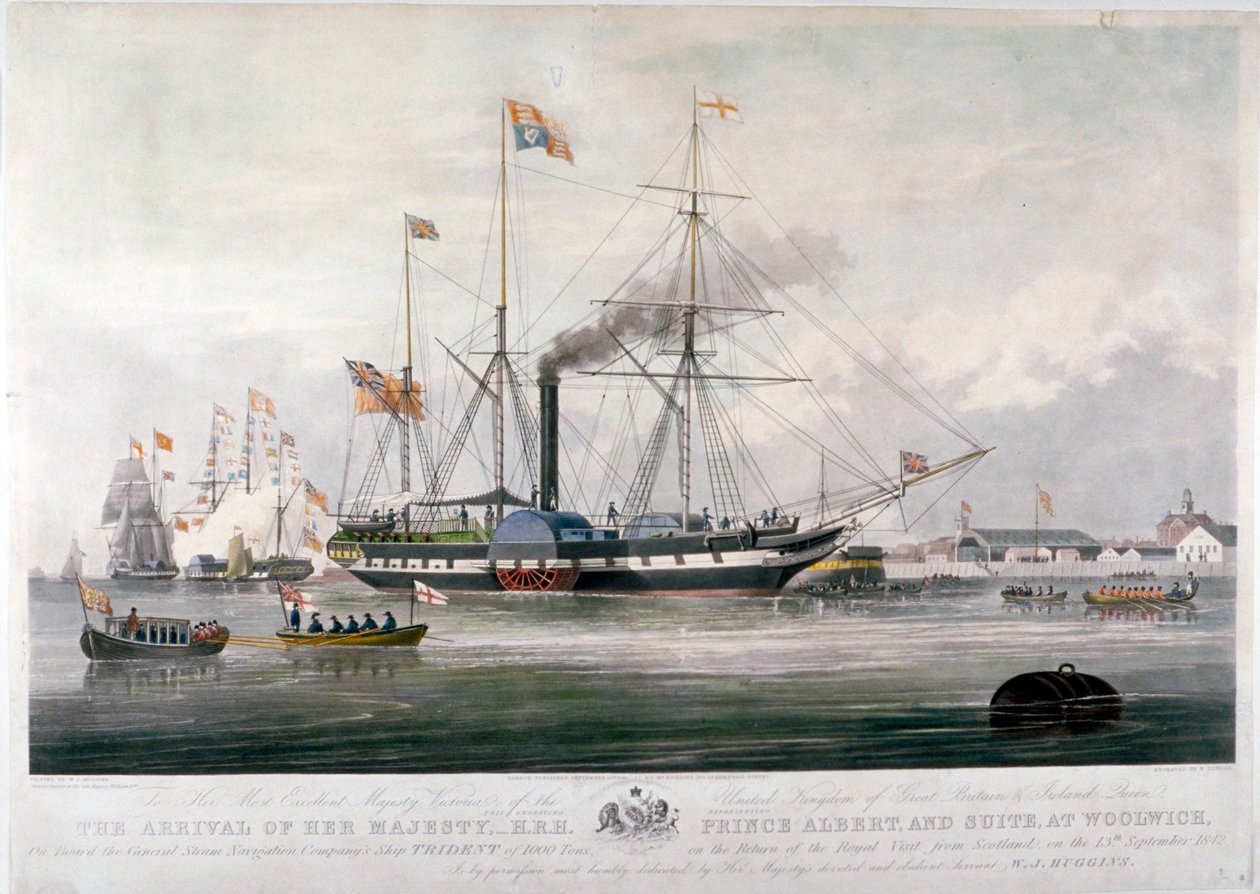 Kuningatar Victoria ja prinssi Albert saapuvat Royal Dockyardille, Woolwich, Kent, 1843 tekijältä E Duncan