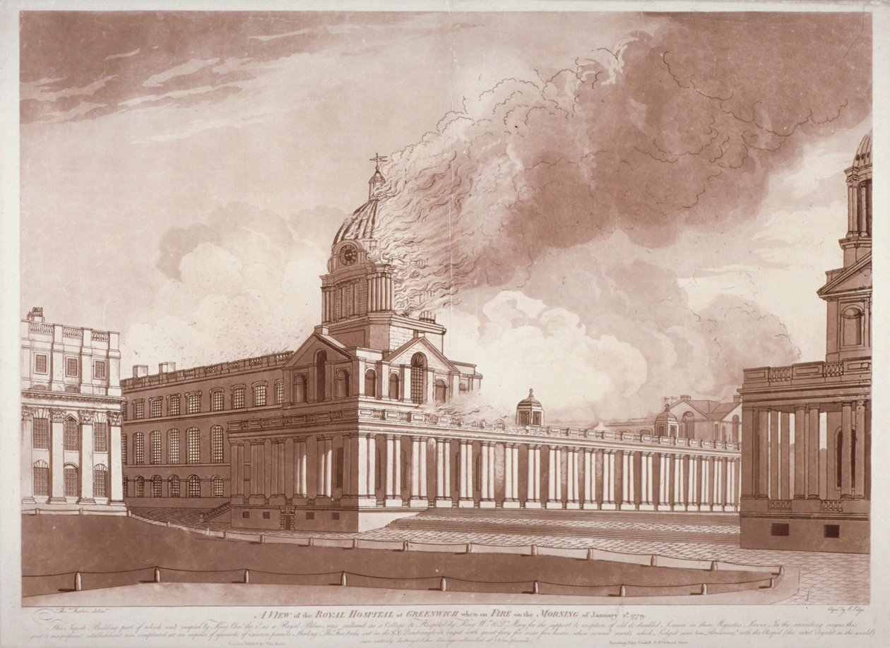 Näkymä tulipalosta Greenwich Hospitalissa Lontoossa aamulla 2. tammikuuta 1779 tekijältä E Edye