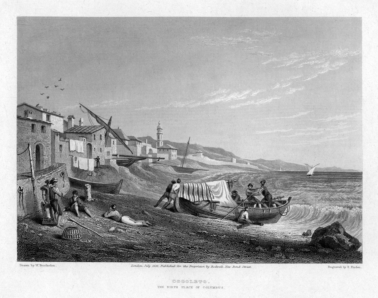 Cogoleto, Columbuksen syntymäpaikka, Italia, 1828. tekijältä E. Finden