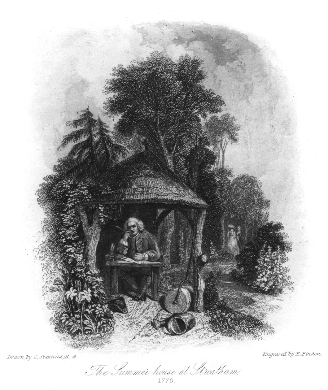 Dr Johnsonin kesämökki Streathamissa, 1773, 1800-luku tekijältä E. Finden