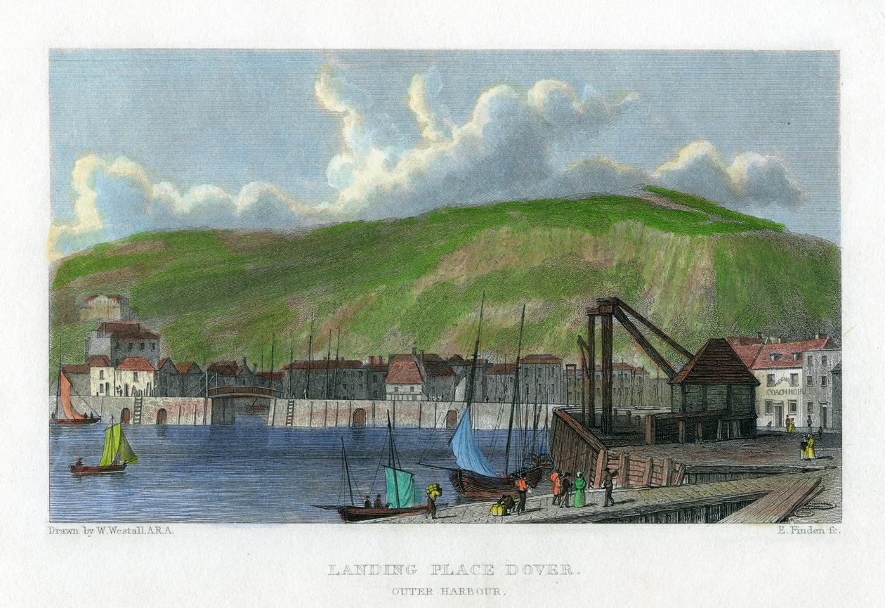 Laskeutumispaikka, ulkosatama, Dover, Kent, 1800-luku. tekijältä E. Finden