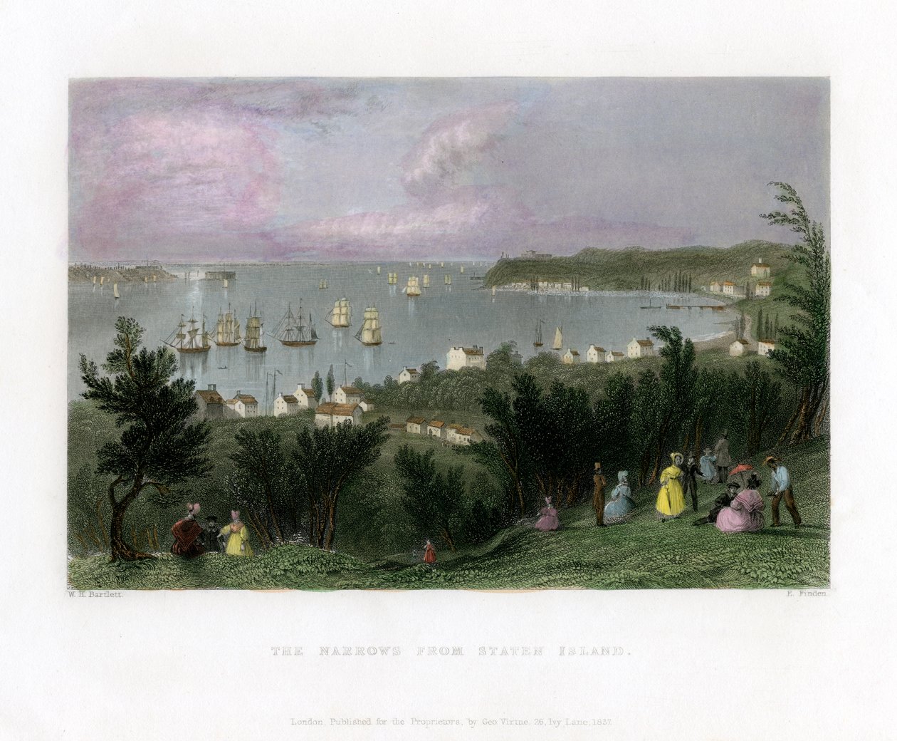 The Narrows nähtynä Staten Islandilta, New Yorkista, USA:sta, 1837. tekijältä E. Finden