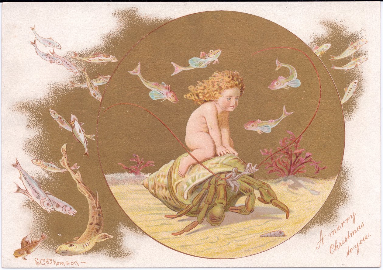 Viktoriaaninen joulukortti kuoressa olevasta erakkorapusta, jota ratsastaa vesistö, jota ympäröi kalaparvi, Gertrude Thompson, n. 1895 (väri litho) tekijältä E. Gertrude Thompson