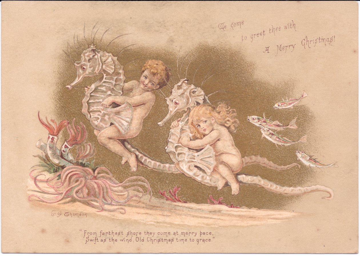 Viktoriaaninen joulukortti kahdesta vesivauvasta ratsastamassa merihevosella merivuokkojen ja kalaparvien kanssa, kirjoittanut Gertude Thompson, n. 1895 (väri litho) tekijältä E. Gertrude Thompson
