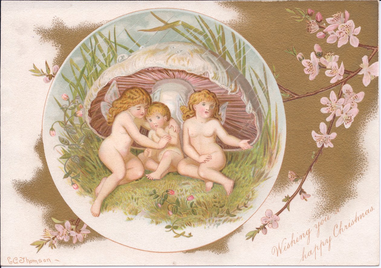 Viktoriaaninen joulu ryhmästä keijuja, jotka turvautuvat sateelta myrkkysienen alla, kirjoittanut Gertrude Thompson, n. 1895 (värilitho) tekijältä E. Gertrude Thompson