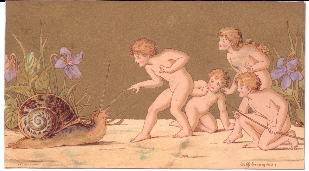 Viktoriaaninen onnittelukortti neljästä alastomasta keijusta kiusoittelemassa etanaa kultaista taustaa vasten, kirjoittanut Gertude Thompson, n. 1895 (väri litho) tekijältä E. Gertrude Thompson