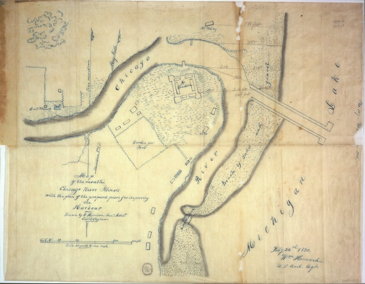 Kartta Chicago-joen suusta Illinoisissa, jossa on suunnitelma ehdotetuista laitureista sataman parantamiseksi, 1830 tekijältä E. Harrison