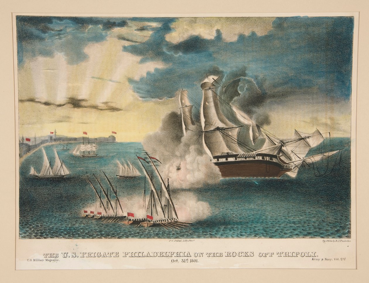 Yhdysvaltain fregatti Philadelphia Tripolin kallioilla (U.S. Military Magazine Army and Navy, Vol. II) tekijältä E. J. Pinkerton