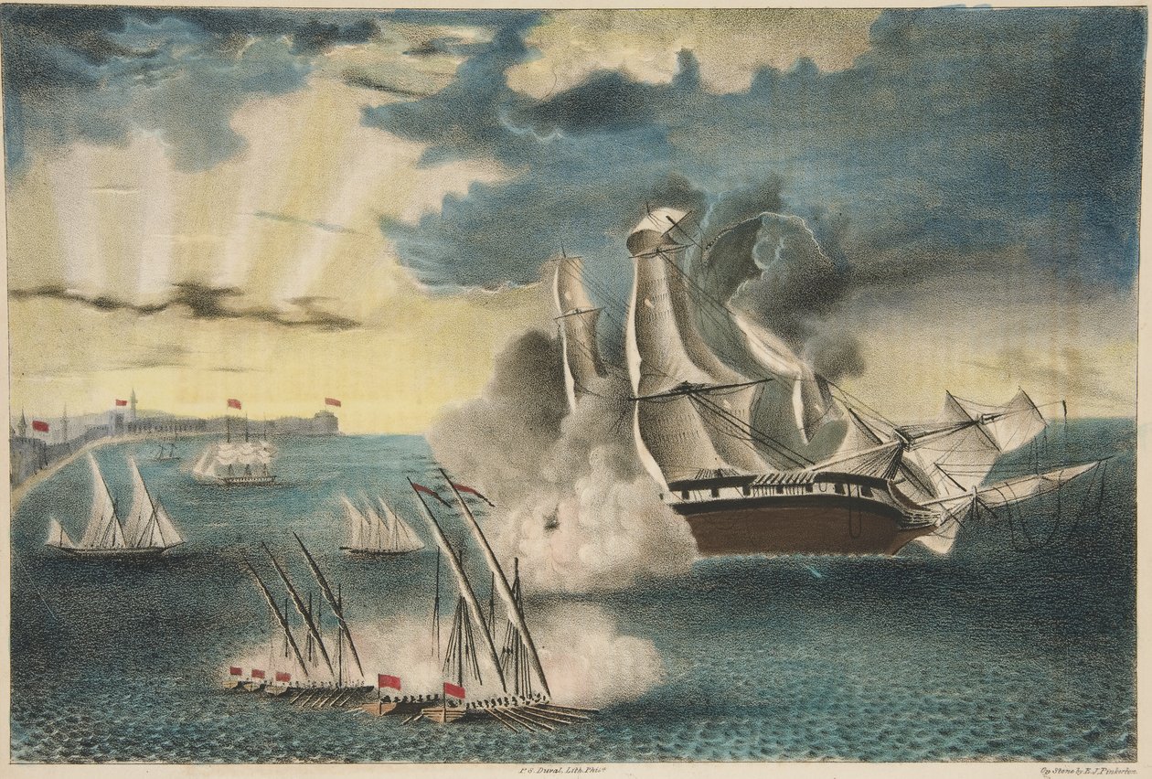 Yhdysvaltain fregatti Philadelphia Tripolin edustan kallioilla, Army and Navy Magazine, pub. 1840 (värilitografia) tekijältä E. J. Pinkerton