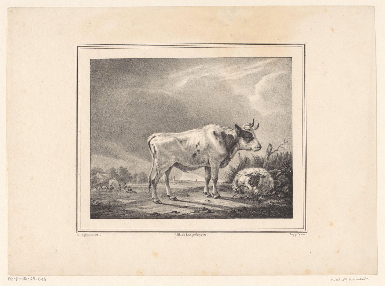 Seisova lehmä ja makaavat lampaat maisemassa tekijältä E. L. Huygens (possibly)
