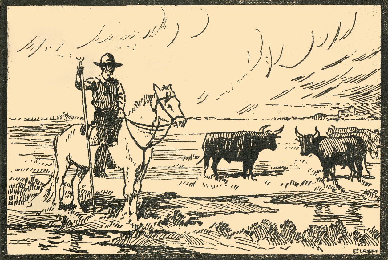 "Camargue Landscape - Näkymä Camarguesta", 1920-luku. tekijältä E Laget