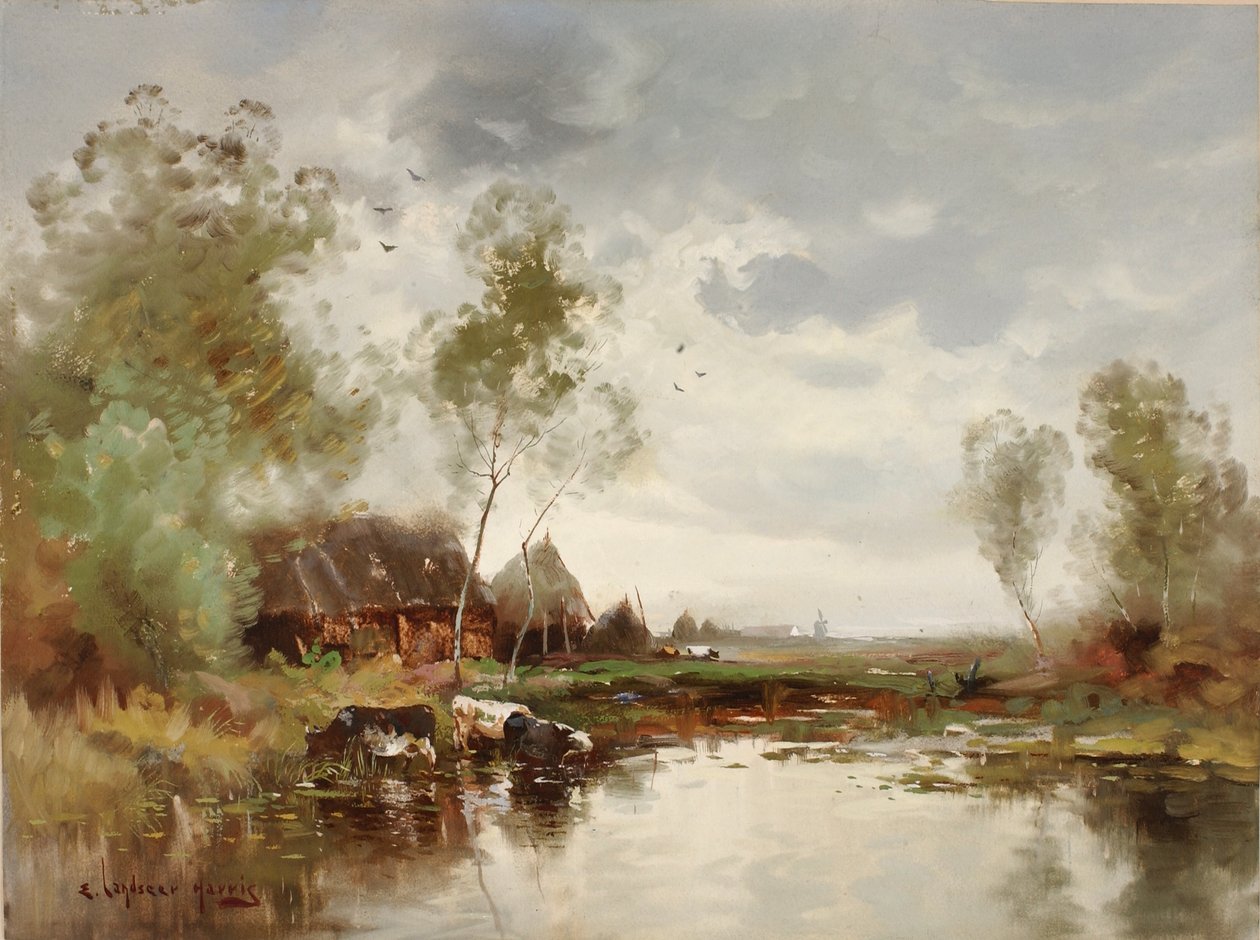 Maisema ja tuulimylly tekijältä E. Landseer Harris