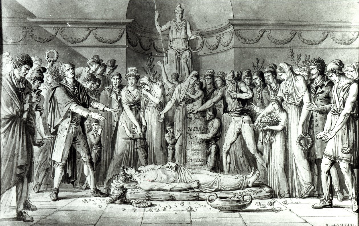Jean Paul Maratin (1743-93) hautajaiset Club des Cordeliersin kappelissa, 16. heinäkuuta 1793, n. 1793 (kynä ja muste paperille) (bw kuva) tekijältä E. Le Sueur
