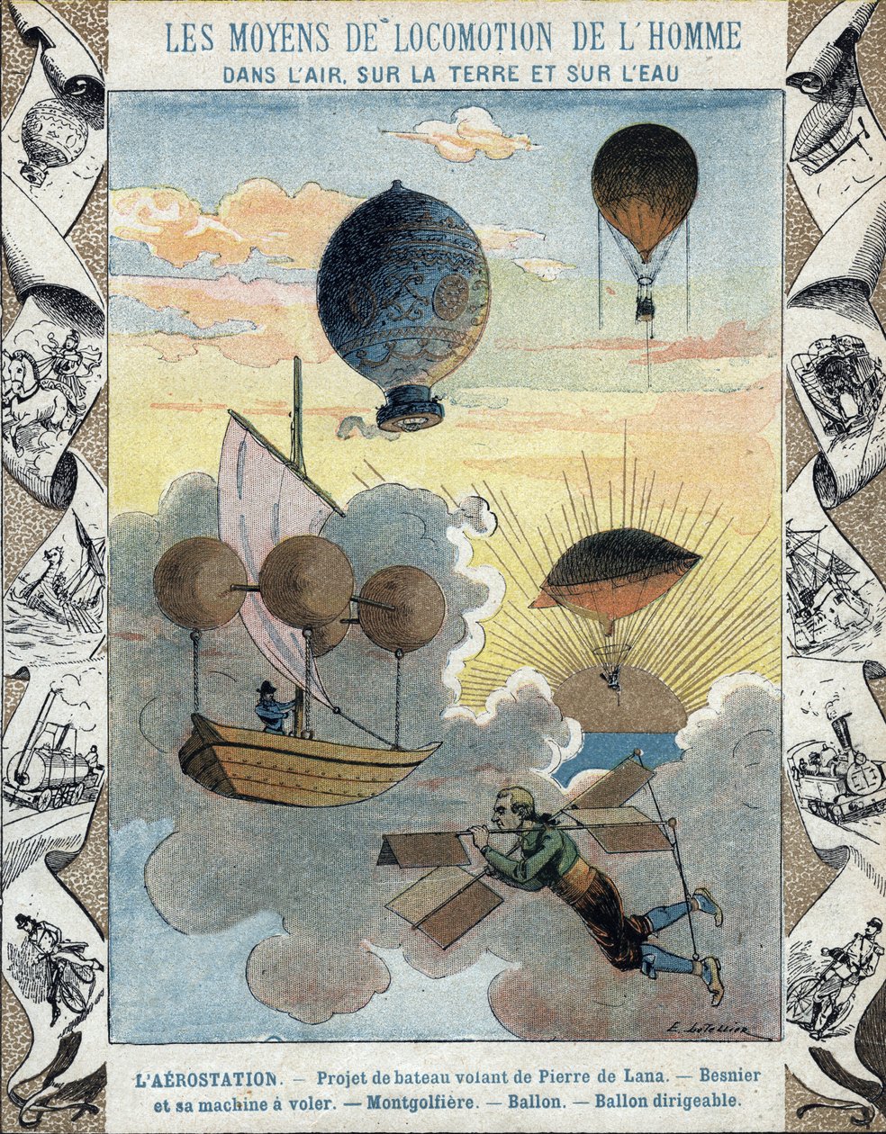 Aerostation - Pierre de Lanan lentävä veneprojekti - Besnierin lentävä lentokone (1678) - Ilmapallo - Ilmapallo - Ilmalaivailmapallo - kuva E Letellieristä - Suojaa historiallinen muistikirja, 1800-luvun loppu tekijältä E. Letellier