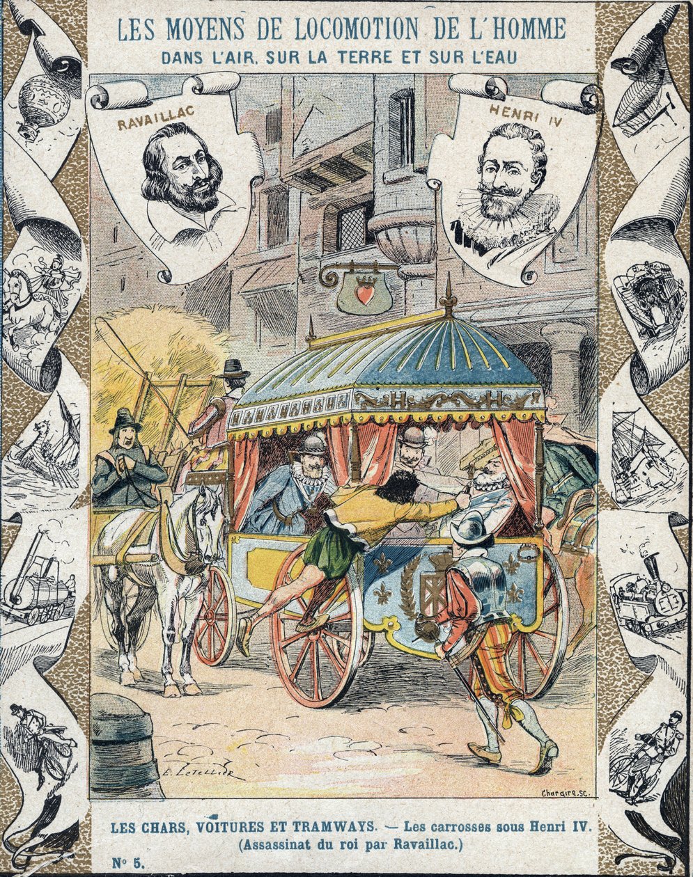 Henri IV:n salamurha Francois Ravaillacin toimesta rue de la Ferronerie -kadulla 14. toukokuuta 1610 - Koulukirjojen suojaholkista, 1800-luvun loppu - Henri IV:n kuolema: Henrik IV:n (1553 - 1610) salamurha 14. toukokuuta 1610, Francois Ravaillac (1 tekijältä E. Letellier