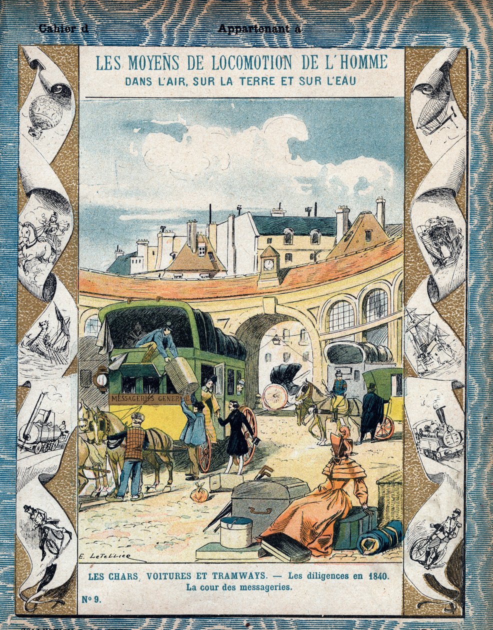 Diligence en 1840 - la cour des messageries - Stagecoach vuonna 1840 - Suojaholkista koulukirjoille, 1800-luvun loppu - E. Letellierin kuvitus - Protege-muistivihko, historiallinen, 1800-luku - tekijältä E. Letellier