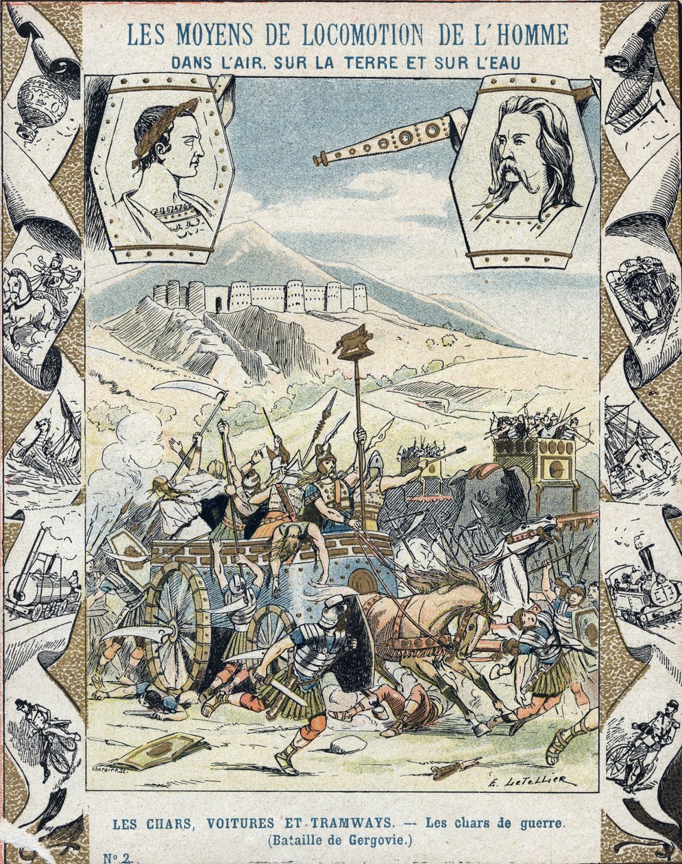 Gallialaiset sotavaunut Gergovian taistelussa - Koulukirjojen suojaholkista, 1800-luvun loppu - Tanks de guerre a faux - Vercingetorix a la battle de Gergovia (52 eKr.) Gallialaisten sodan aikana - E Letellierin kuvitus - Protege muistikirja tekijältä E. Letellier