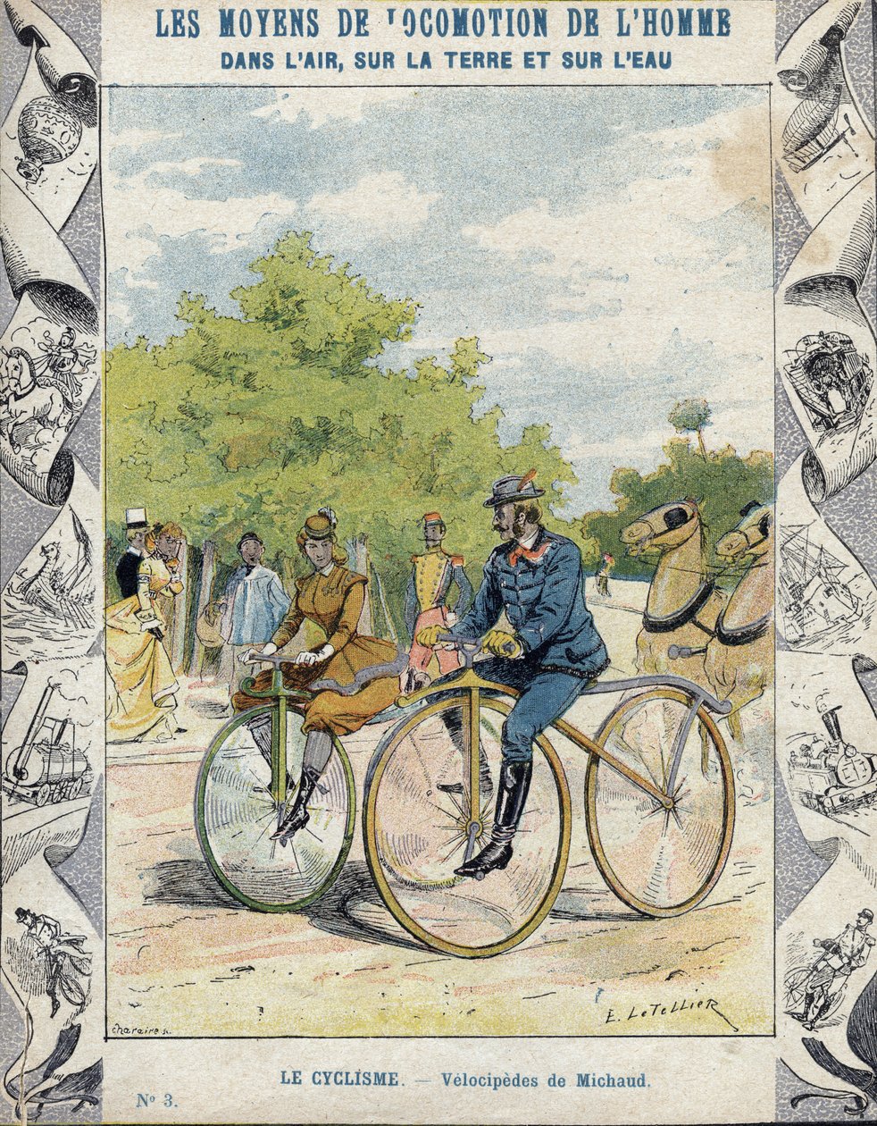 Pierre Michaux ja Michaudine velocipedes - Koulukirjojen suojaholkista, 1800-luvun loppu - Pierre Michaux