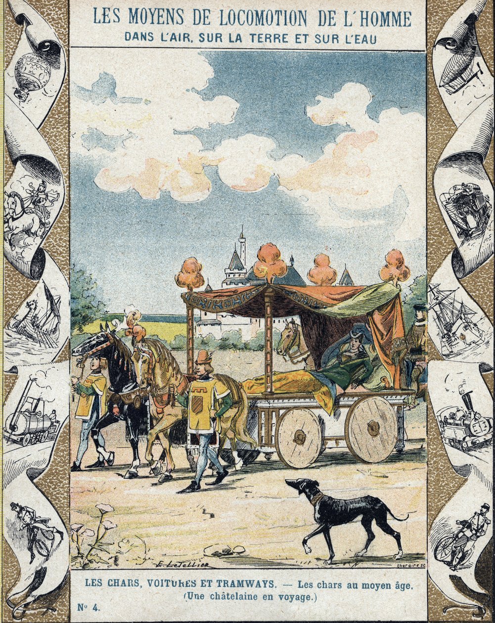 Tankkeja keskiajalla - Chatelaine matkalla - kuvitus E Letellier - Suojaa historiallista muistikirjaa, 1800-luvun loppu tekijältä E. Letellier