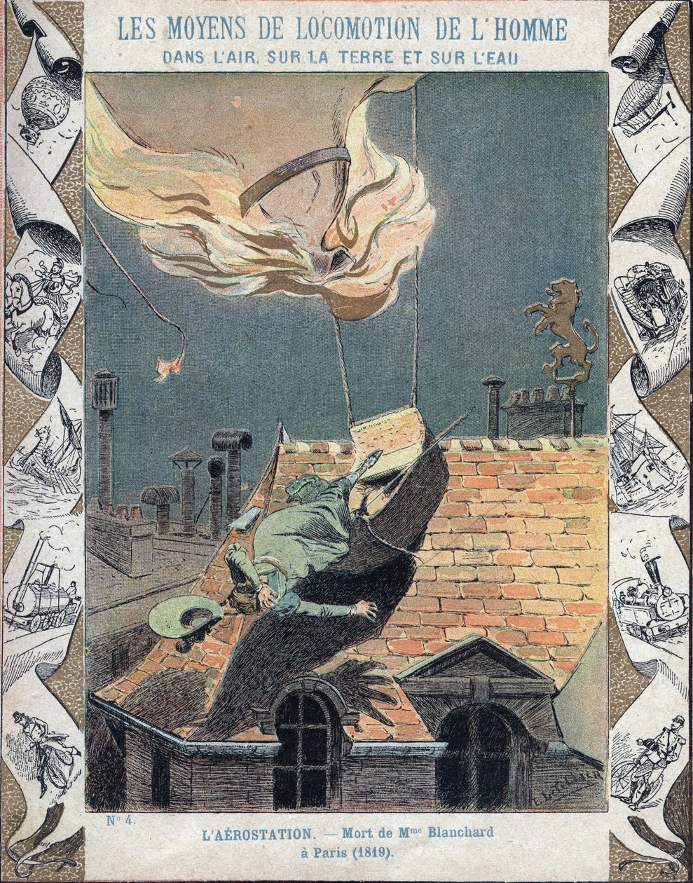 Marie Blanchardin, aeronauti Jean Pierre Blanchardin vaimon kuolema, kun hänen ilmapallonsa syttyi mielenosoituksen aikana Pariisin yllä 6. kesäkuuta 1819 - Koulukirjojen suojaholkista, 1800-luvun loppu - Mort de Madame Blanchard - 16. heinäkuuta 1819, i tekijältä E. Letellier
