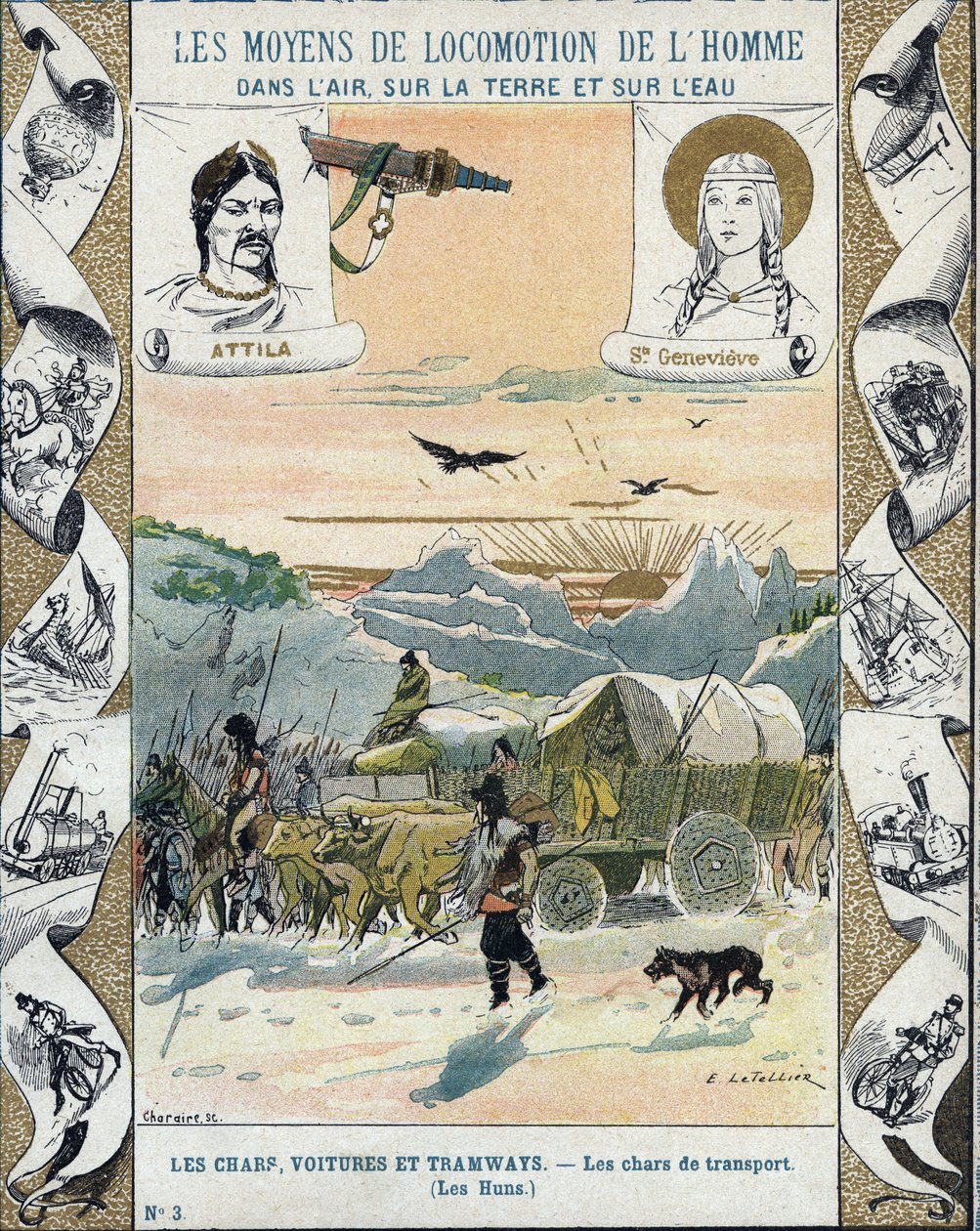 Kuljetustankit - Attilan hunnit (n. 395-453) - Barbaarien hyökkäykset - E Letellierin kuvitus - Suojaa historiallista muistikirjaa, 1800-luvun loppu - tekijältä E. Letellier
