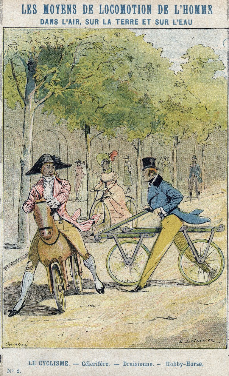 Velocipedes - Englantilainen selerifere - Draisienne, polkupyörän esi-isä - Suojaholkista koulukirjoille, 1800-luvun loppu - E Letellierin kuvitus - Celerifere - Draisienne - Hobby-hevonen (Nobby Horse) - Protect notebook historique, evä 19t tekijältä E. Letellier