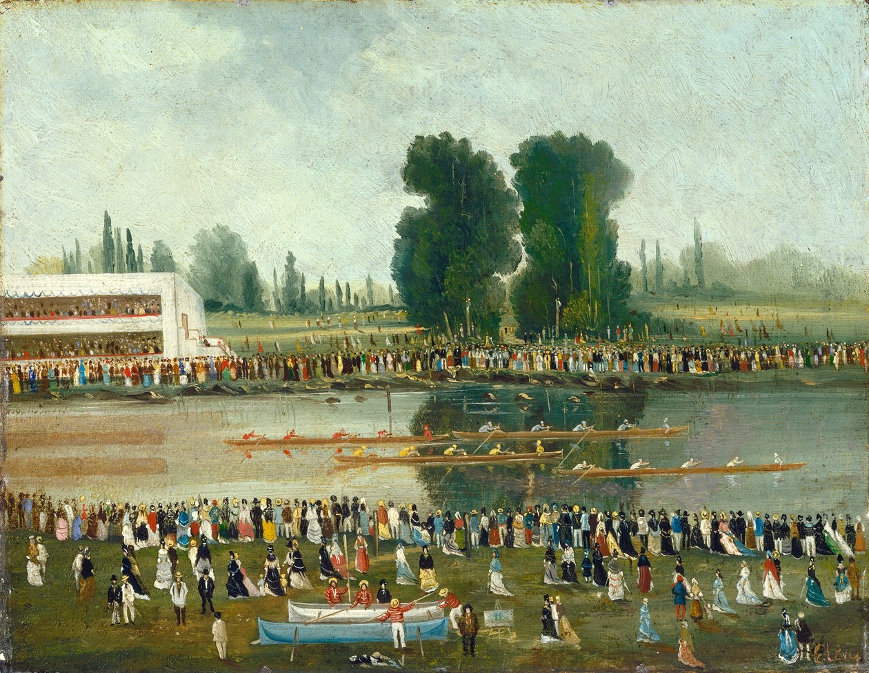 Soutukohtaus: Väkijoukkoja katselemassa joen rannoilta, 1800-luvun loppu. tekijältä E. Levy